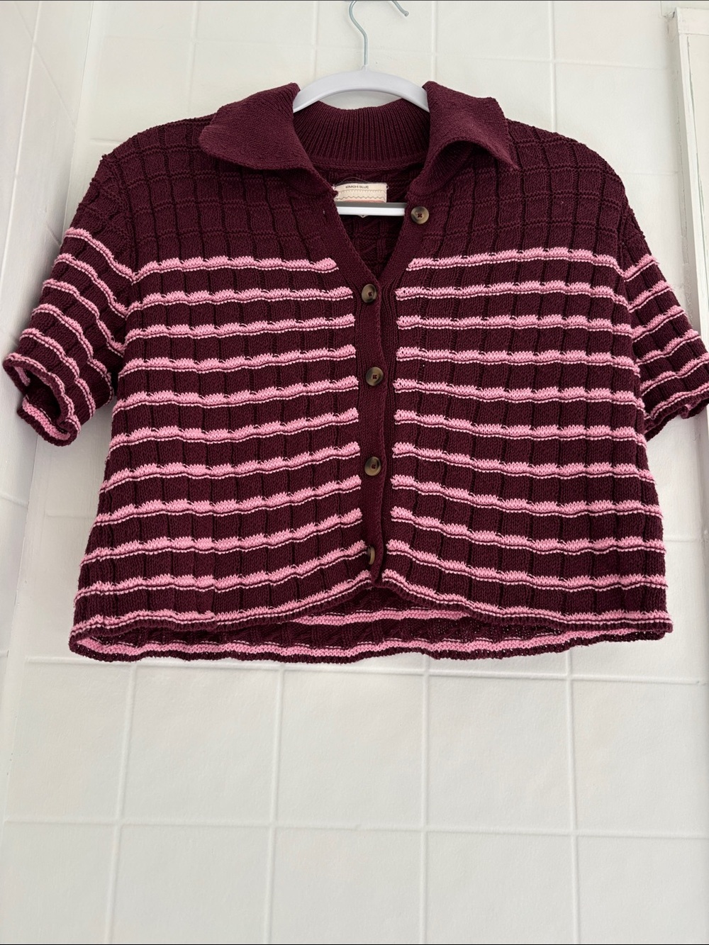 Urban Outfitters Burgundy and Pink Striped Knit Polo